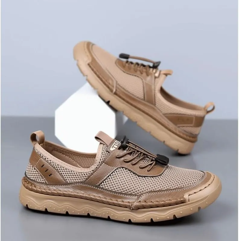 Men's Cutout Mesh Handmade Flat Casual Loafers Men's Leather Platform Chunky Penny Moccasins Breathable Wide Width Comfortable