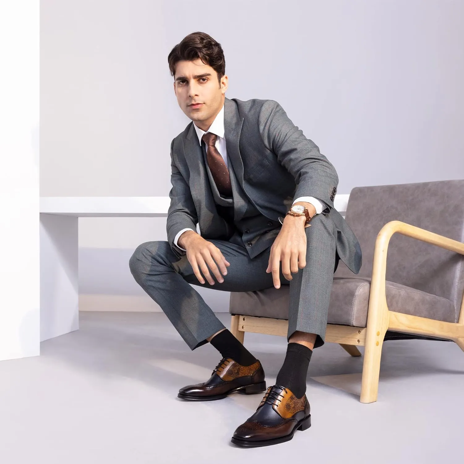 Men's Flat Dress Oxfords Textured Prints Shoes Brogue Genuine Leather Lace-Up Formal Office Shoes