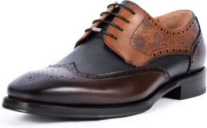 Men's Flat Dress Oxfords Textured Prints Shoes Brogue Genuine Leather Lace-Up Formal Office Shoes