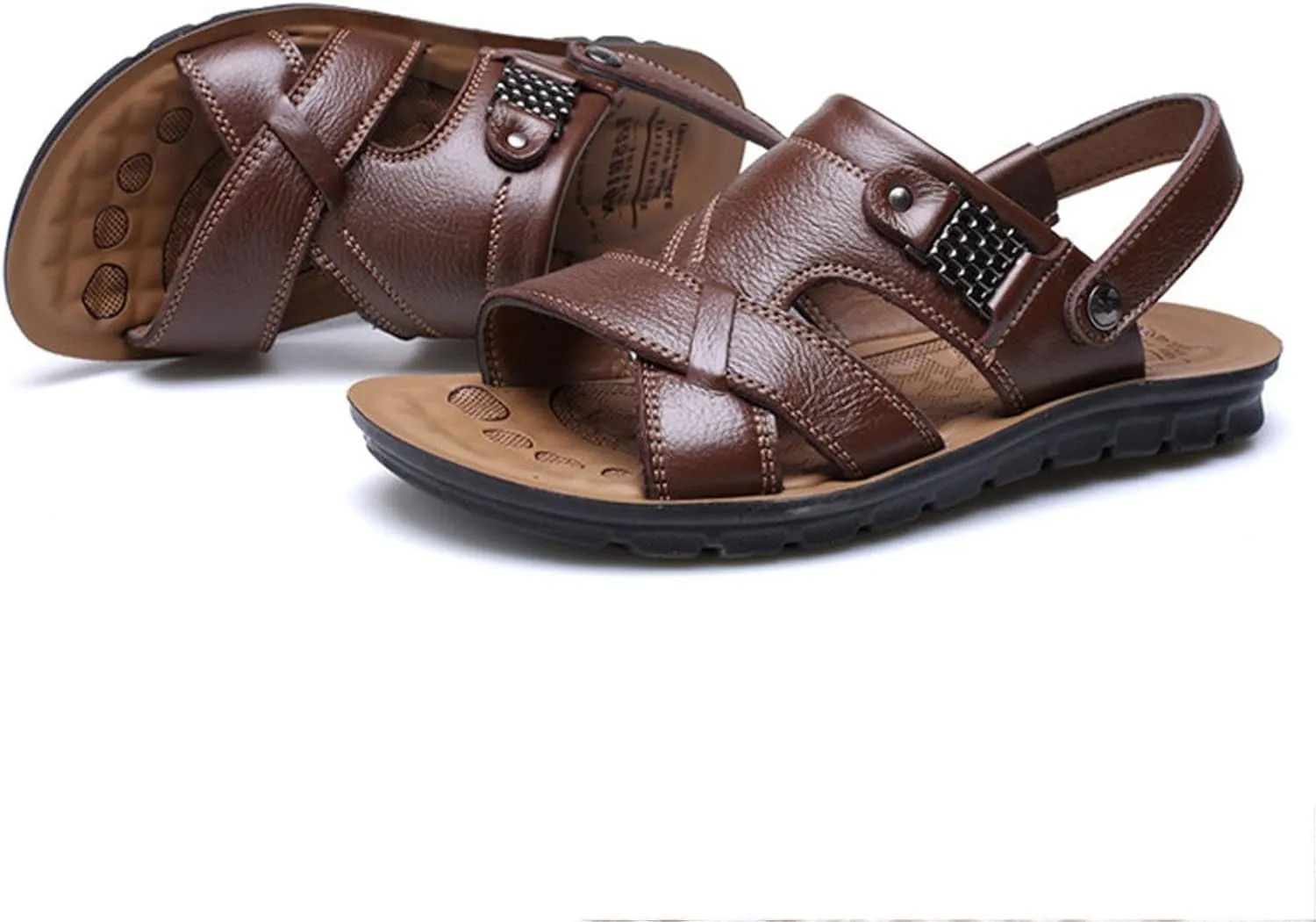 Men's Leather Casual Flat Sandals with Adjustable Dual use Ankle Straps Open Toe Cutout Anti-Slip Summer Breathable Sandals