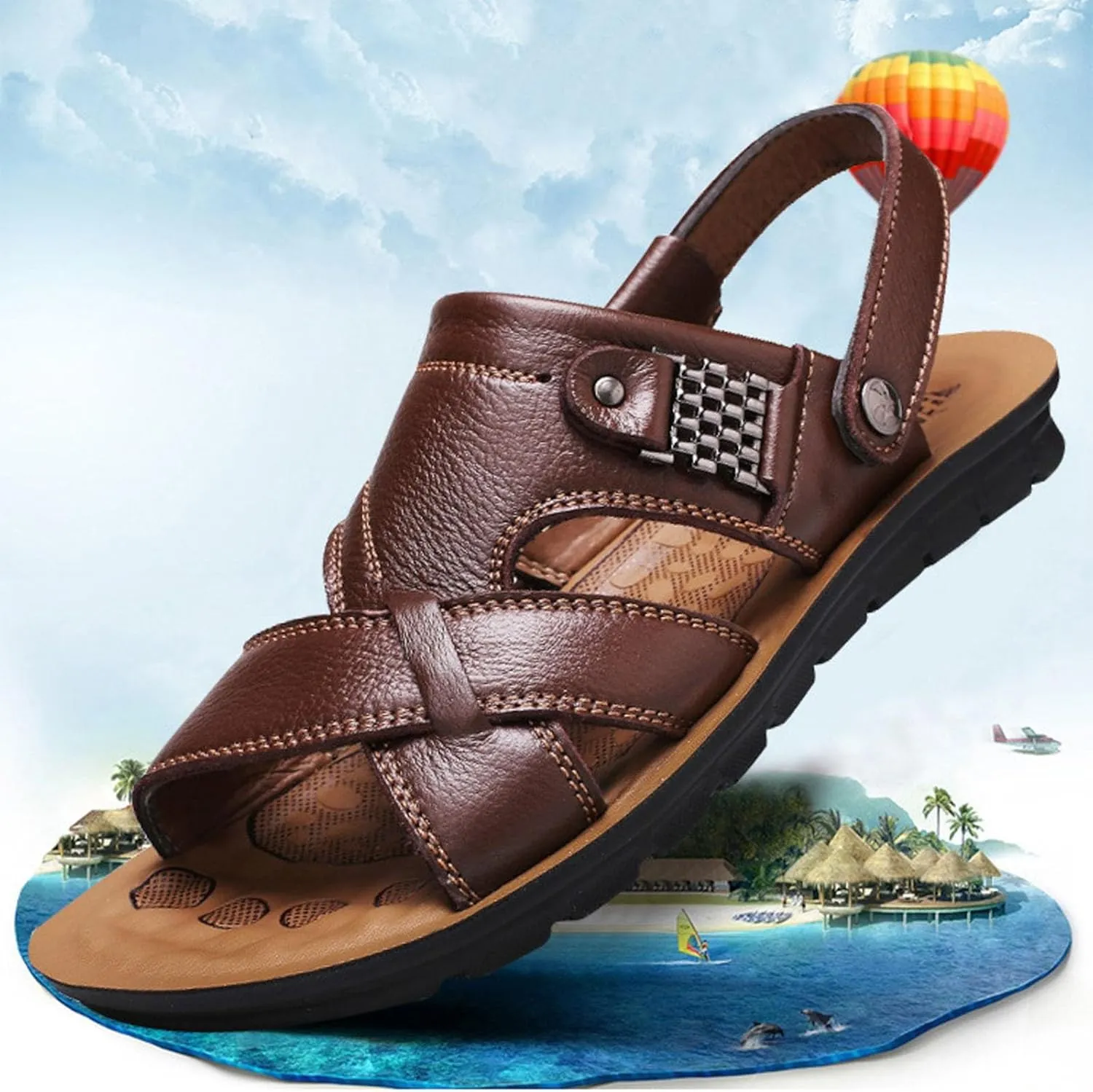 Men's Leather Casual Flat Sandals with Adjustable Dual use Ankle Straps Open Toe Cutout Anti-Slip Summer Breathable Sandals
