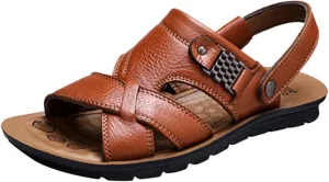 Men's Leather Casual Flat Sandals with Adjustable Dual use Ankle Straps Open Toe Cutout Anti-Slip Summer Breathable Sandals