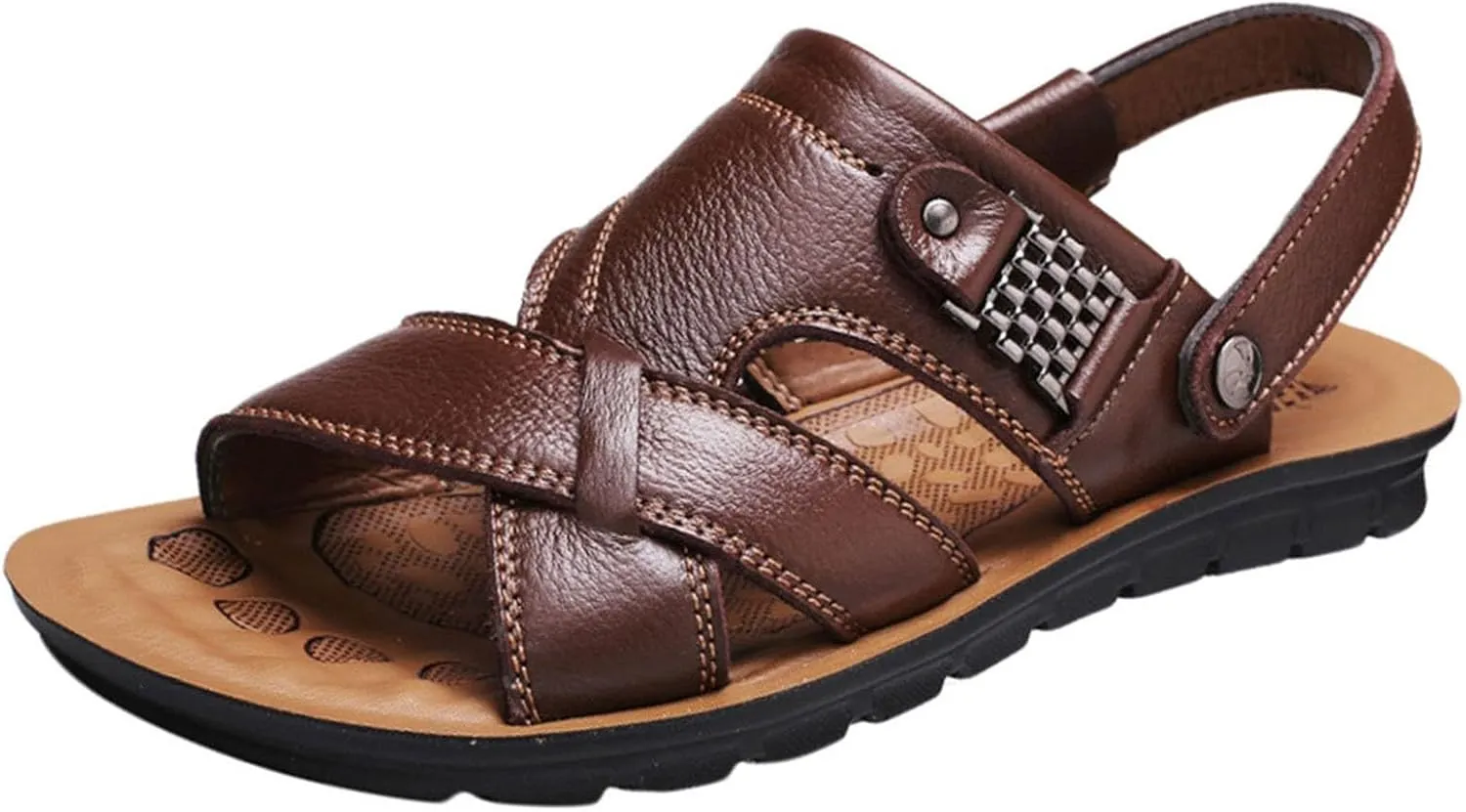 Men's Leather Casual Flat Sandals with Adjustable Dual use Ankle Straps Open Toe Cutout Anti-Slip Summer Breathable Sandals