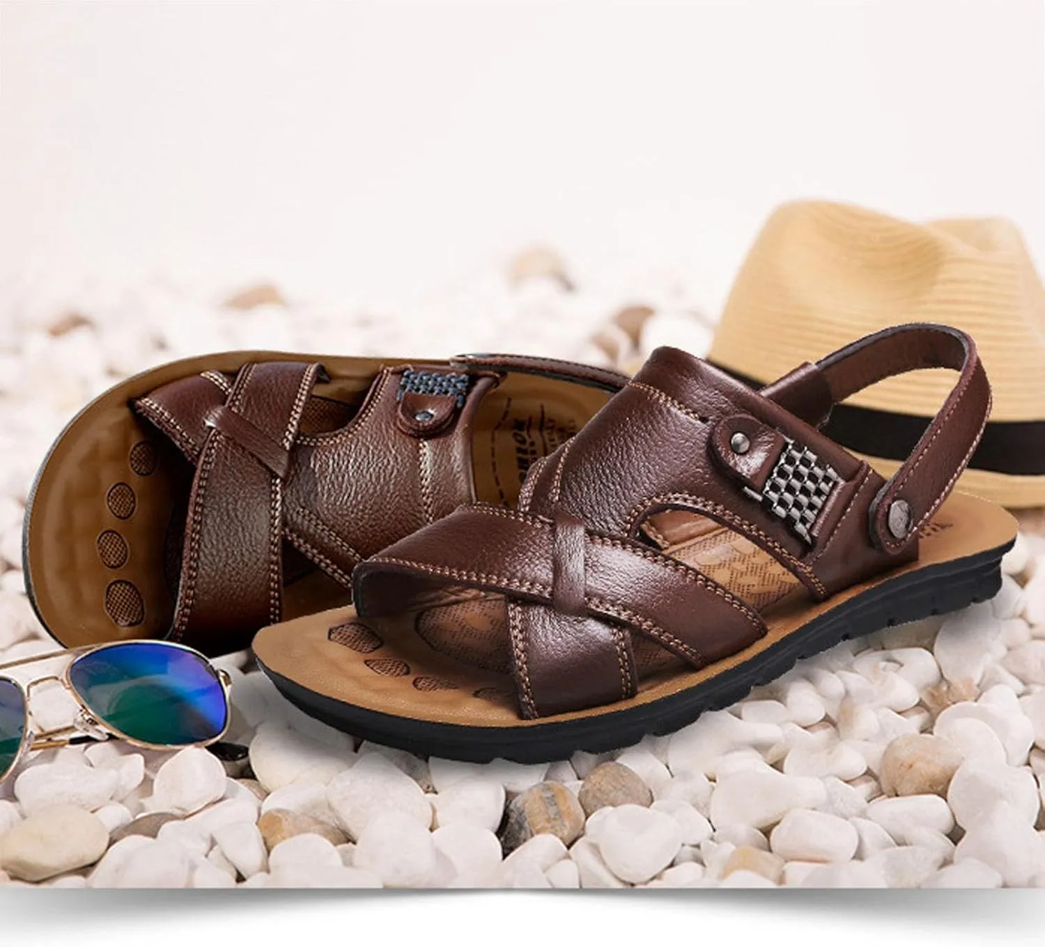 Men's Leather Casual Flat Sandals with Adjustable Dual use Ankle Straps Open Toe Cutout Anti-Slip Summer Breathable Sandals