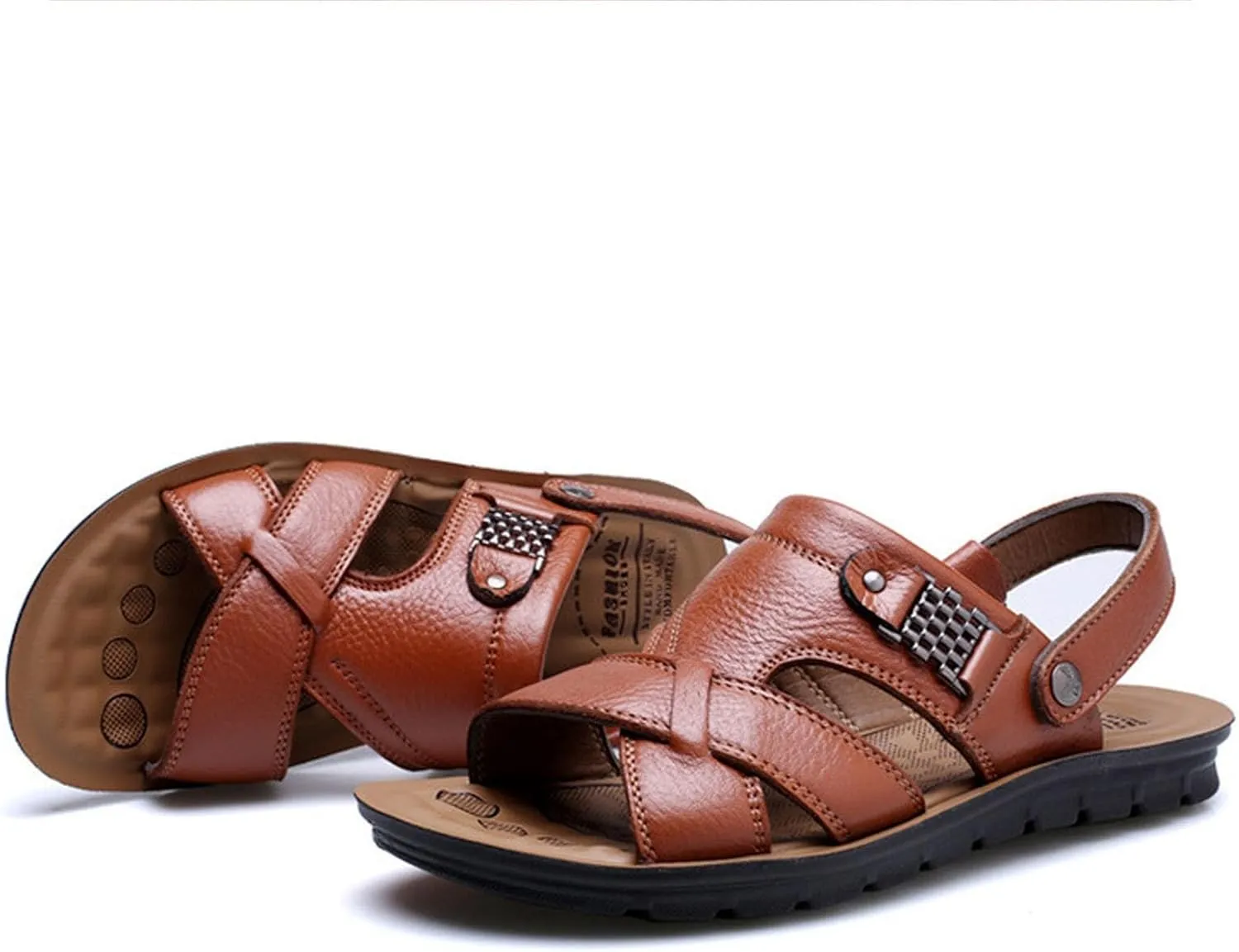 Men's Leather Casual Flat Sandals with Adjustable Dual use Ankle Straps Open Toe Cutout Anti-Slip Summer Breathable Sandals