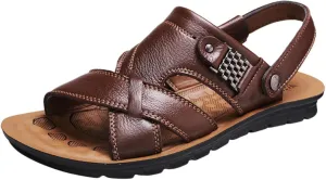 Men's Leather Casual Flat Sandals with Adjustable Dual use Ankle Straps Open Toe Cutout Anti-Slip Summer Breathable Sandals