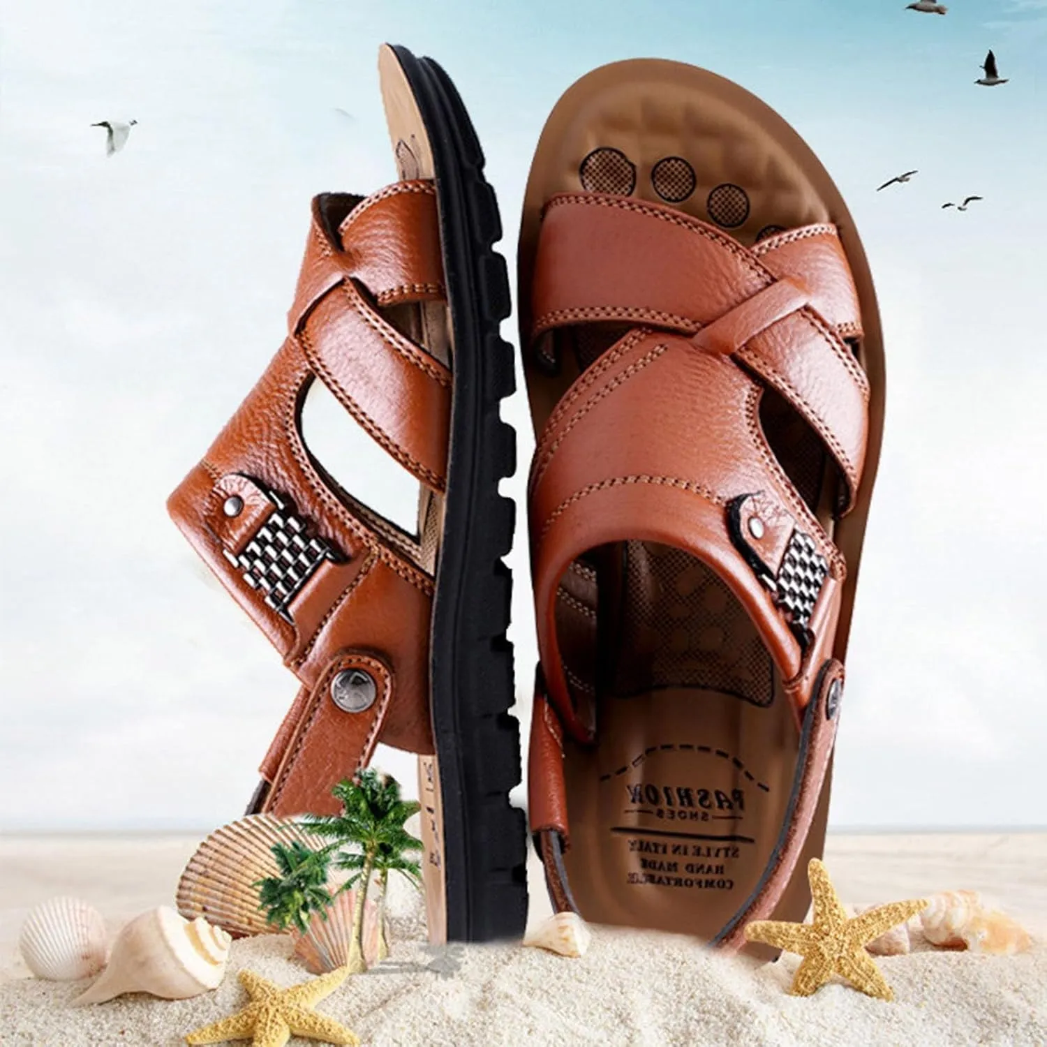 Men's Leather Casual Flat Sandals with Adjustable Dual use Ankle Straps Open Toe Cutout Anti-Slip Summer Breathable Sandals