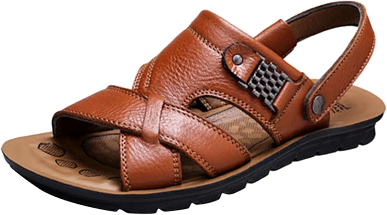 Men's Leather Casual Flat Sandals with Adjustable Dual use Ankle Straps Open Toe Cutout Anti-Slip Summer Breathable Sandals