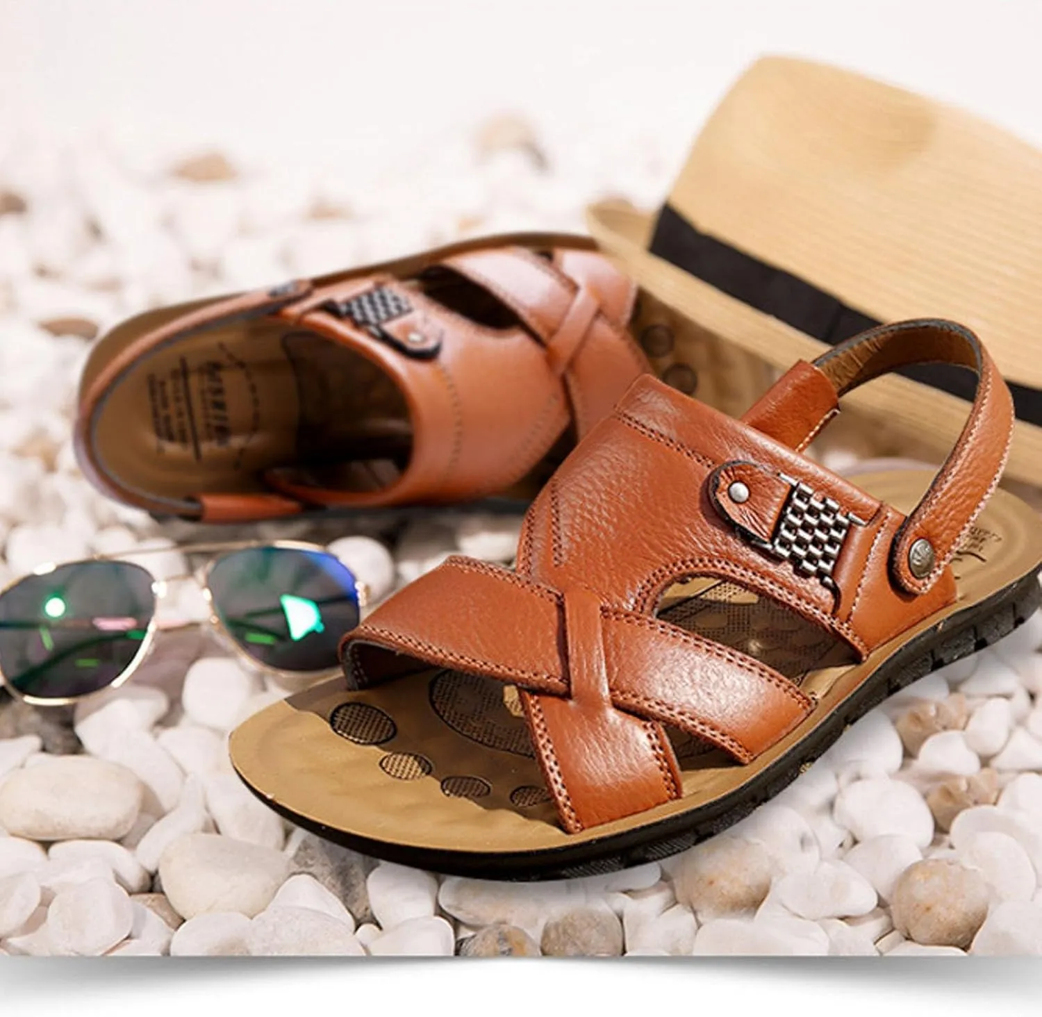 Men's Leather Casual Flat Sandals with Adjustable Dual use Ankle Straps Open Toe Cutout Anti-Slip Summer Breathable Sandals