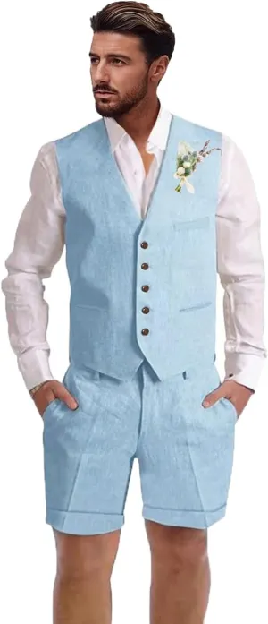 Mens Linen Suit 2 Piece Short Suits for Men Casual Summer Beach Wedding Suit Linen Vest Shorts Set