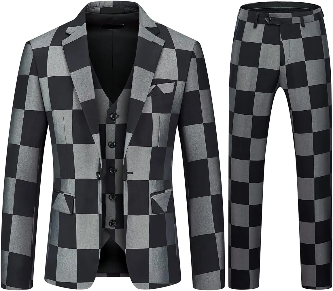 Mens Plaid Suit Slim Fit 3 Pieces Casual Checked Vintage Tuxedo Suit for Men for Wedding Business Party Blazer Pants & Vest