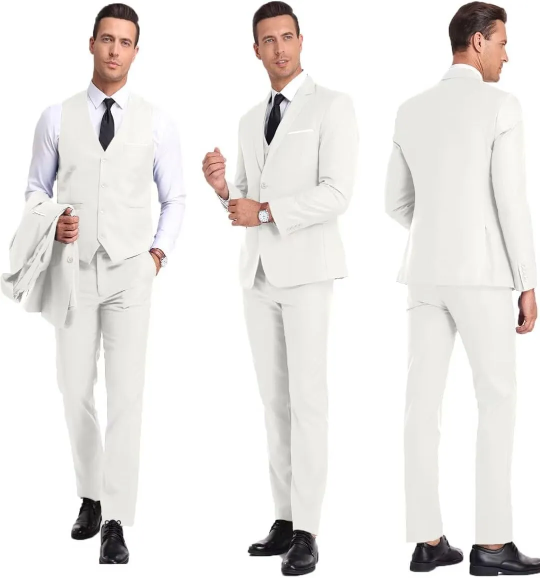 Mens Suit 3 Piece Set Slim Fit Wedding Groomsmen Suit for Men Two Buttons Suits Set Solid Jacket Vest Pants with Tie