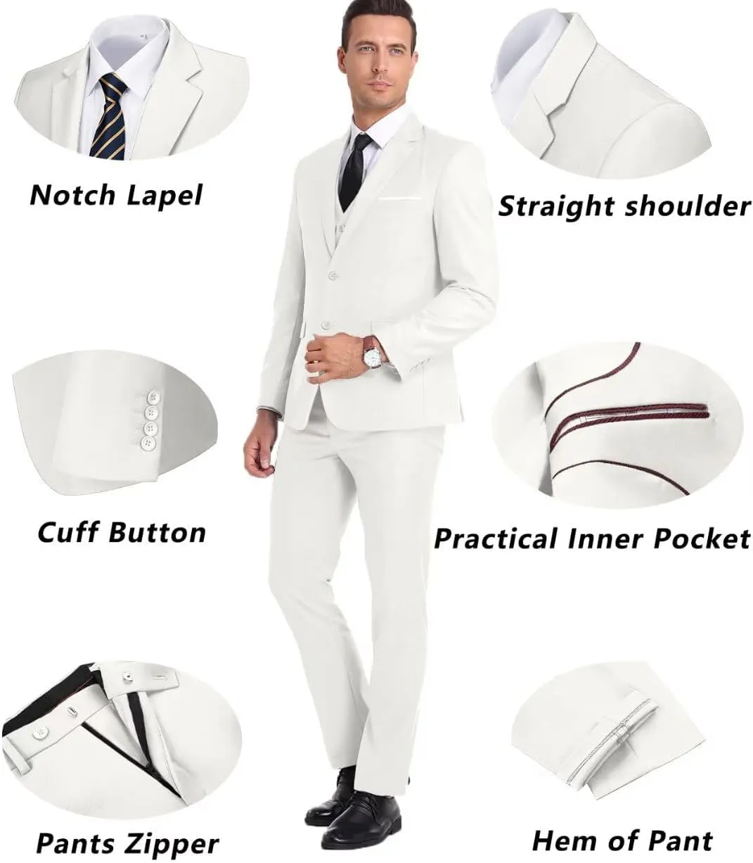 Mens Suit 3 Piece Set Slim Fit Wedding Groomsmen Suit for Men Two Buttons Suits Set Solid Jacket Vest Pants with Tie