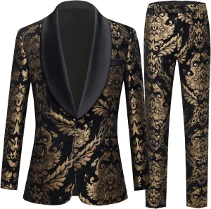 Mens Suit Jacquard Silm Fit 2-Piece Shawl Lapel Tuxedo Wedding Party Prom Suit Set