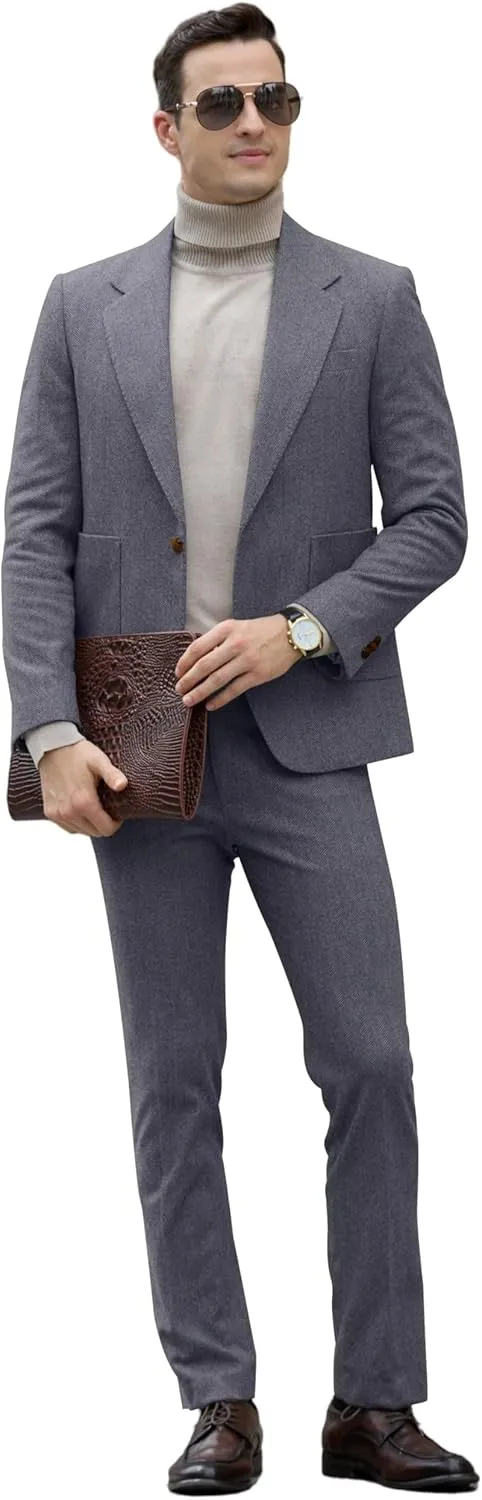 Men's Suits Slim Fit Herringbone Tweed Suits for Men 2 Piece Wedding Prom Suit Jacket Pants Wool Blend Tuxedo Set