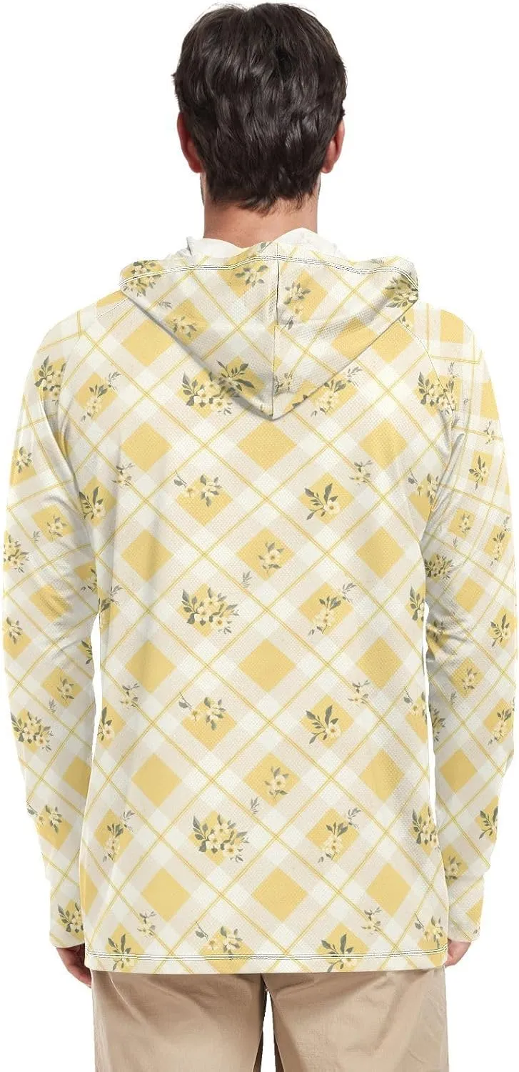 Mens Sun Protection Hoodie Long Sleeve Sun Shirt with Hood UPF 50  Fishing Shirt Rash Guard Shirts Gingham Butter Yellow