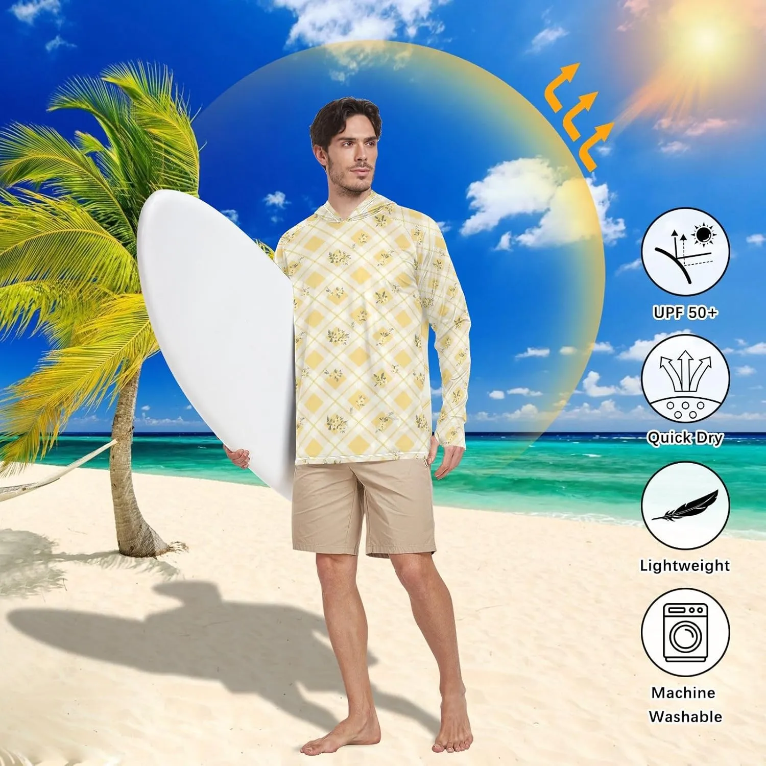 Mens Sun Protection Hoodie Long Sleeve Sun Shirt with Hood UPF 50  Fishing Shirt Rash Guard Shirts Gingham Butter Yellow