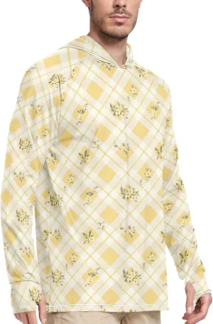 Mens Sun Protection Hoodie Long Sleeve Sun Shirt with Hood UPF 50  Fishing Shirt Rash Guard Shirts Gingham Butter Yellow