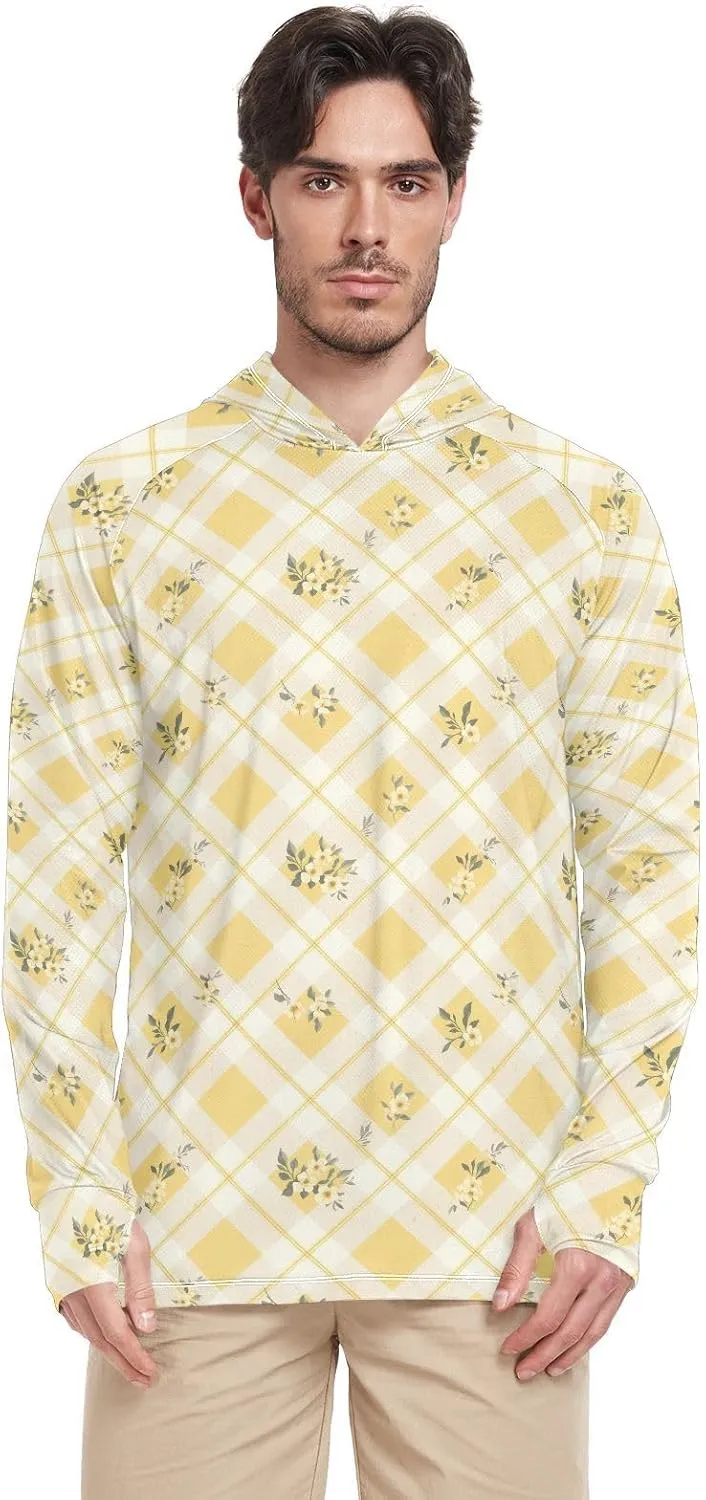 Mens Sun Protection Hoodie Long Sleeve Sun Shirt with Hood UPF 50  Fishing Shirt Rash Guard Shirts Gingham Butter Yellow