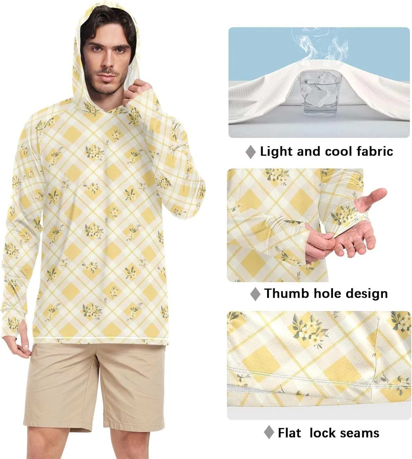 Mens Sun Protection Hoodie Long Sleeve Sun Shirt with Hood UPF 50  Fishing Shirt Rash Guard Shirts Gingham Butter Yellow