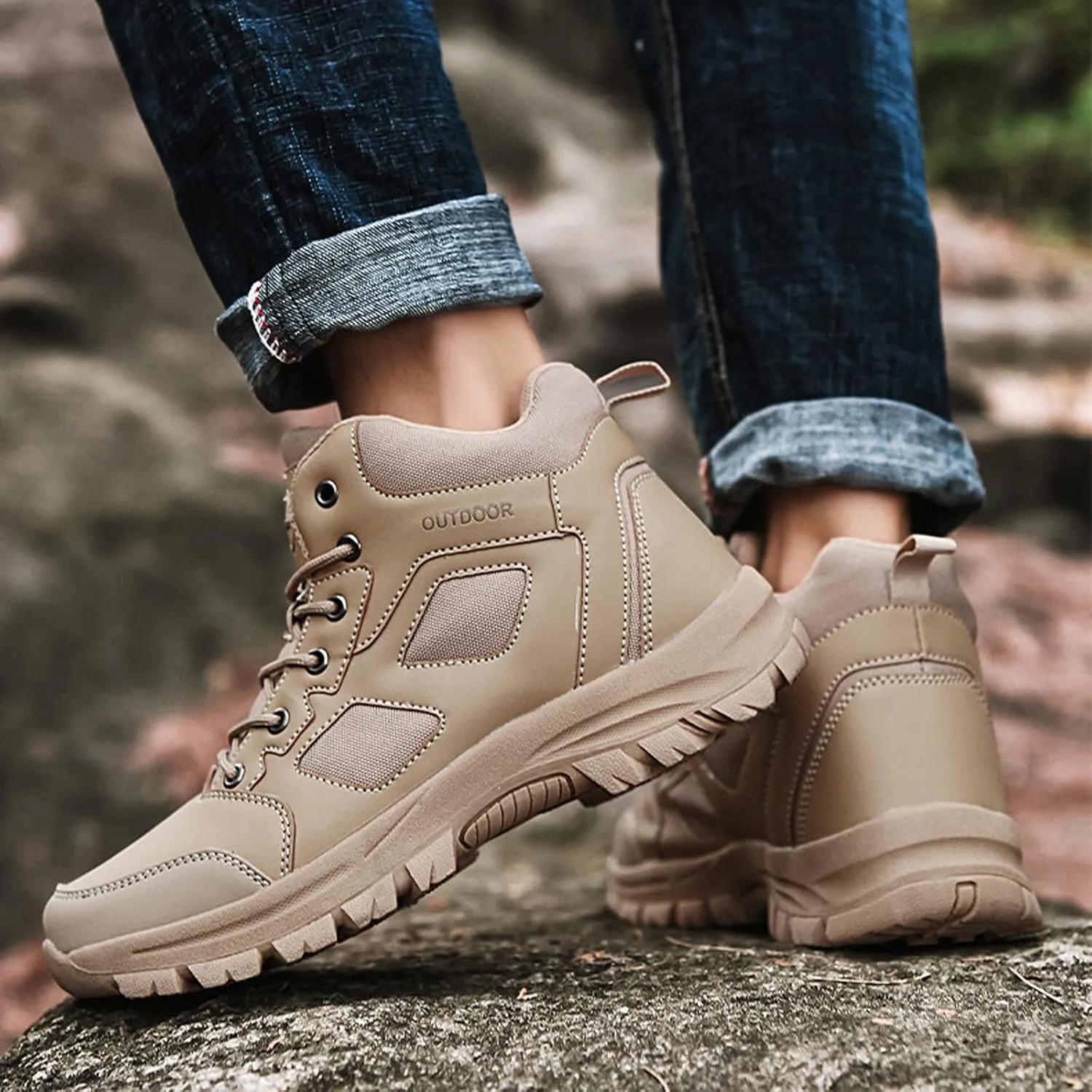 Mens Walking Boots Outdoor Non-Slip Trekking Shoes High Top Waterproof Walking Boots Lightweight Hiking Boots-Sand||EU38/US6.5