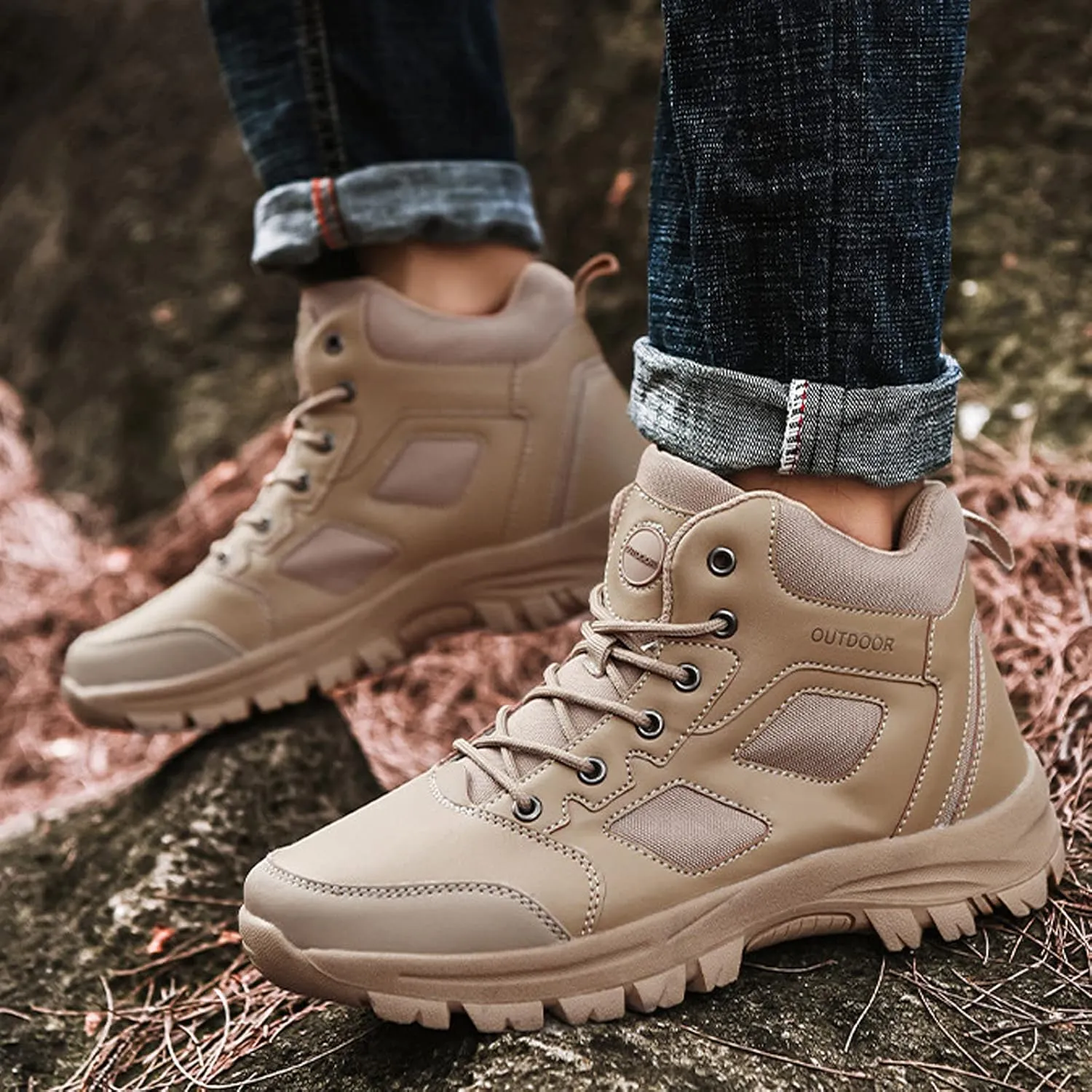 Mens Walking Boots Outdoor Non-Slip Trekking Shoes High Top Waterproof Walking Boots Lightweight Hiking Boots-Sand||EU38/US6.5
