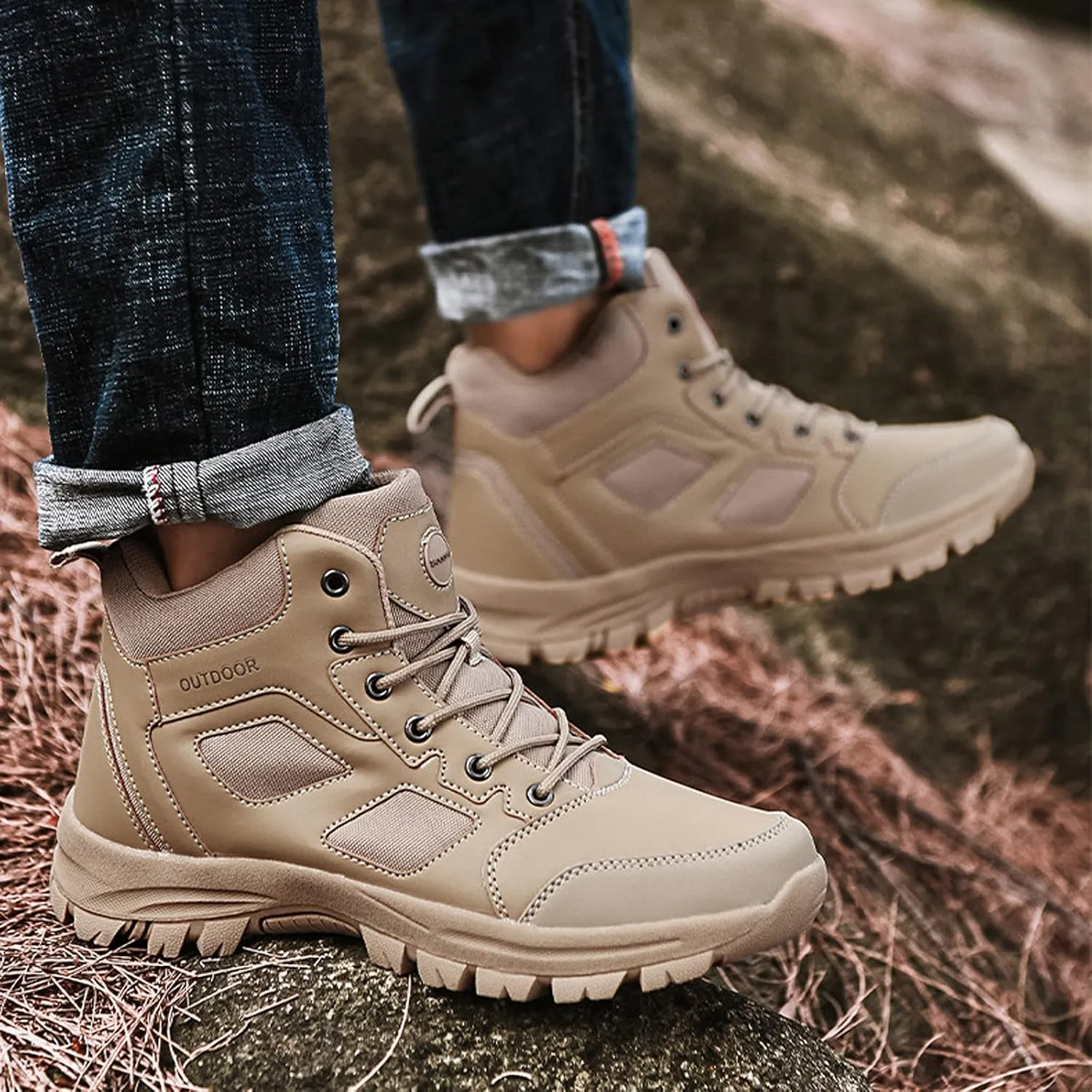 Mens Walking Boots Outdoor Non-Slip Trekking Shoes High Top Waterproof Walking Boots Lightweight Hiking Boots-Sand||EU38/US6.5