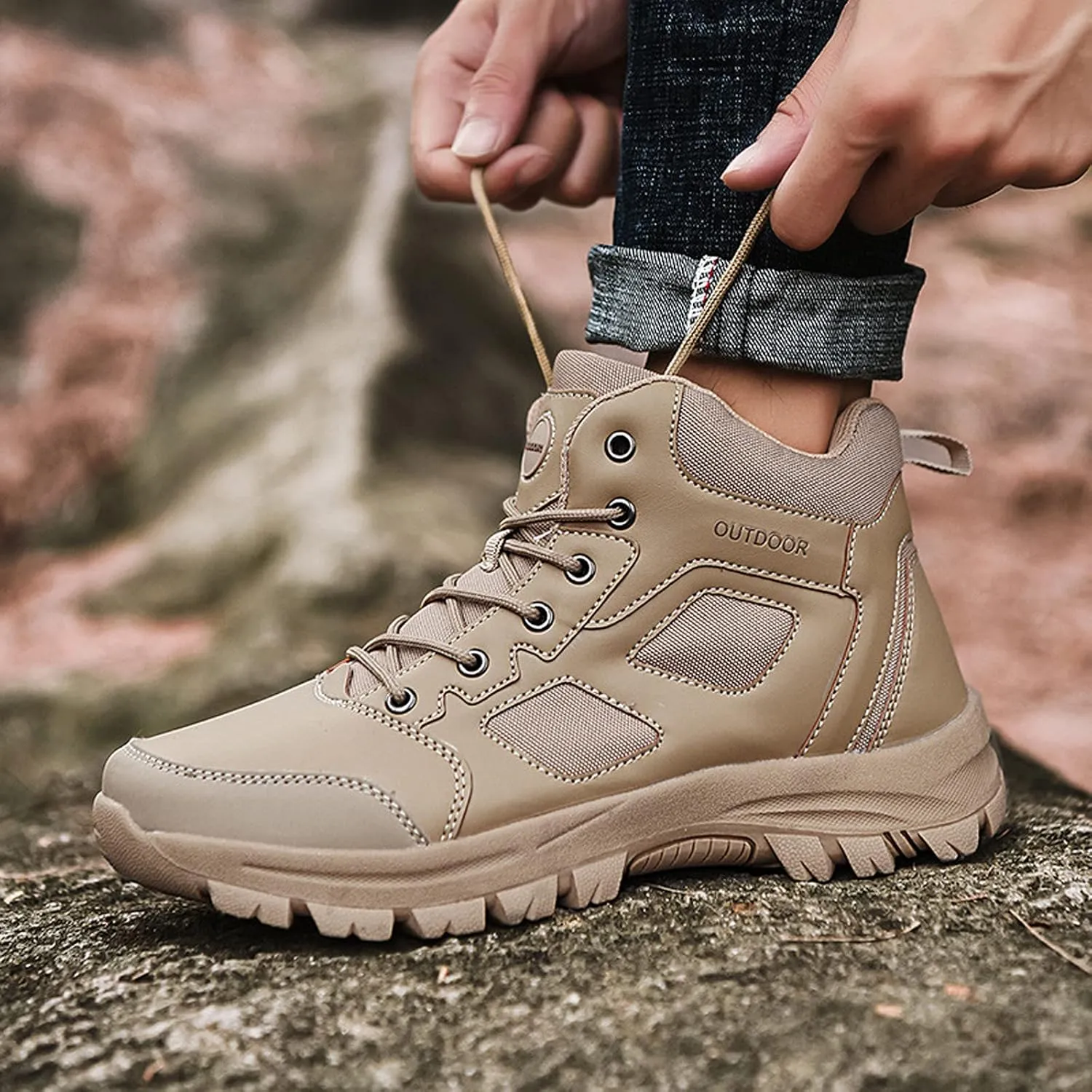 Mens Walking Boots Outdoor Non-Slip Trekking Shoes High Top Waterproof Walking Boots Lightweight Hiking Boots-Sand||EU38/US6.5