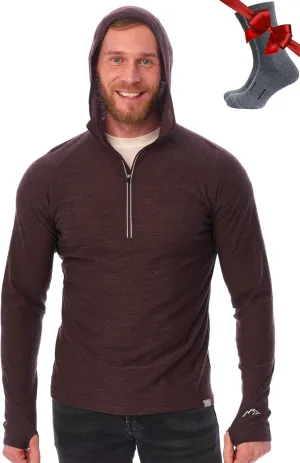 Merino.tech 100% Merino Wool Hoodie Men - Slim Fit Merino Wool Base Layer Mens Half Zip Thermal Long Sleeve Shirt and Socks