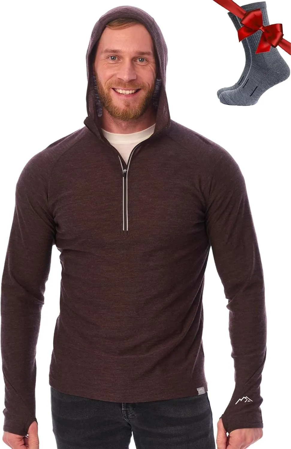 Merino.tech 100% Merino Wool Hoodie Men - Slim Fit Merino Wool Base Layer Mens Half Zip Thermal Long Sleeve Shirt and Socks