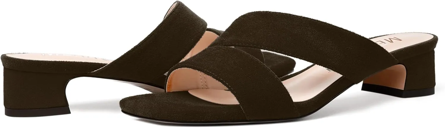 MERRORI Womens Slip On Casual Open Toe Evening Suede Chunky Low Heel Heeled Sandals 1.5 Inch