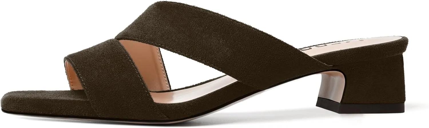MERRORI Womens Slip On Casual Open Toe Evening Suede Chunky Low Heel Heeled Sandals 1.5 Inch