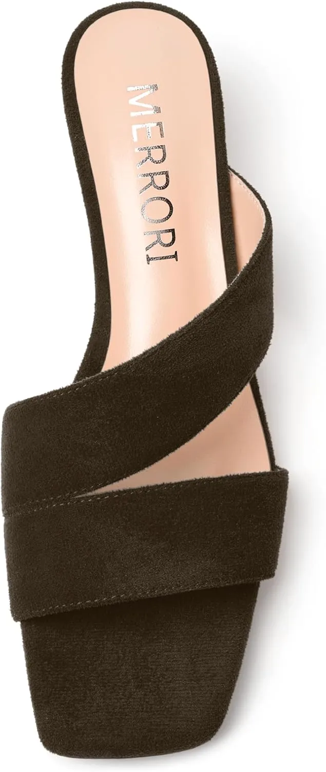 MERRORI Womens Slip On Casual Open Toe Evening Suede Chunky Low Heel Heeled Sandals 1.5 Inch