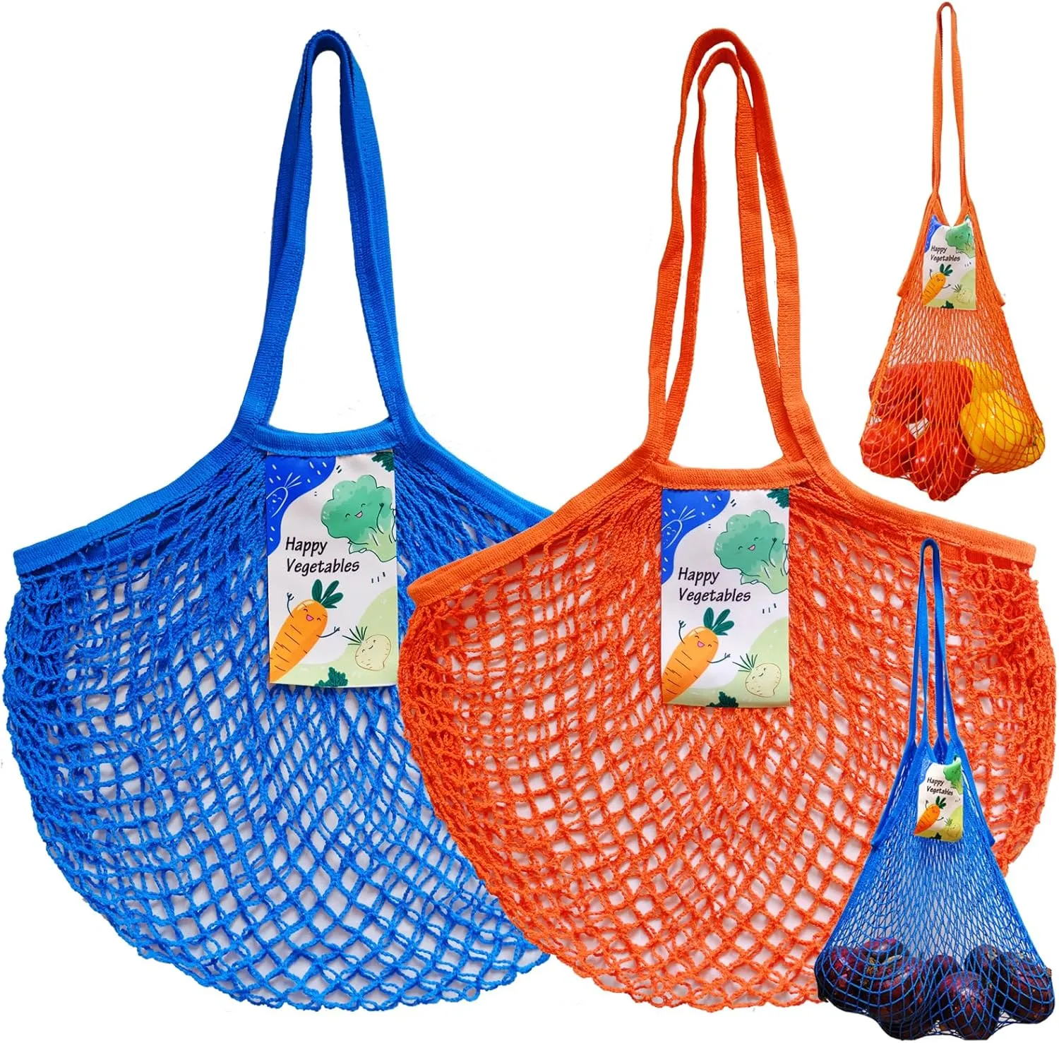 Mesh Grocery Bags for Vegetables, Portable Reusable Mesh Produce Long Handle Net Tote Bag, Washable Cotton String Fruit Onion Bags Organizer Shopping Handbag, Pack of 6
