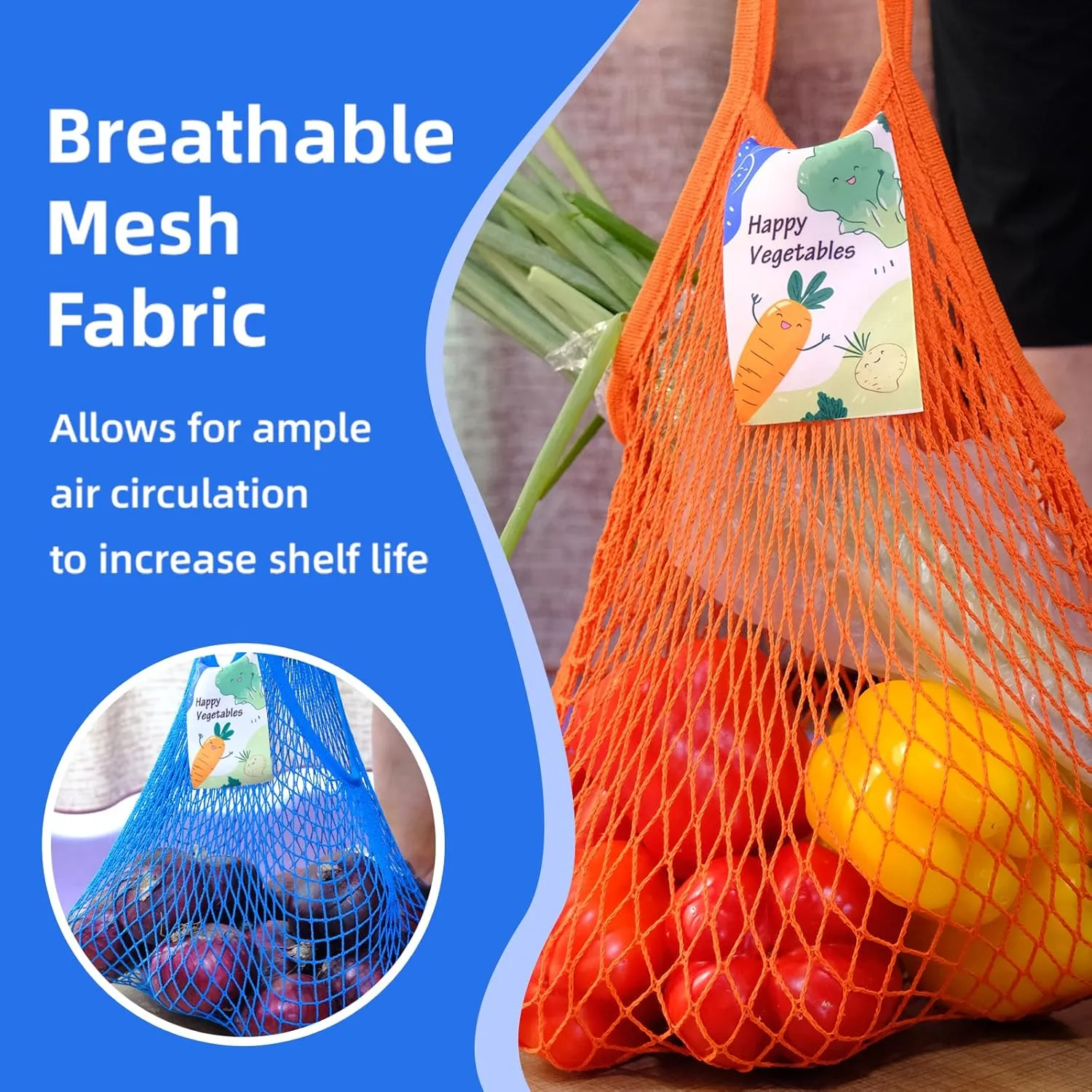 Mesh Grocery Bags for Vegetables, Portable Reusable Mesh Produce Long Handle Net Tote Bag, Washable Cotton String Fruit Onion Bags Organizer Shopping Handbag, Pack of 6