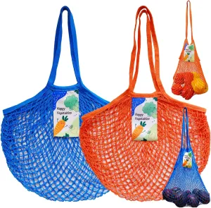 Mesh Grocery Bags for Vegetables, Portable Reusable Mesh Produce Long Handle Net Tote Bag, Washable Cotton String Fruit Onion Bags Organizer Shopping Handbag, Pack of 6