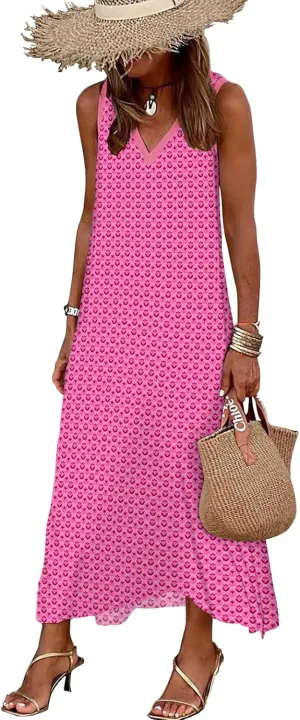 miduo Womens Casual Summer V Neck Sleeveless Floral Printed Beach Split Maxi Dress Sundress