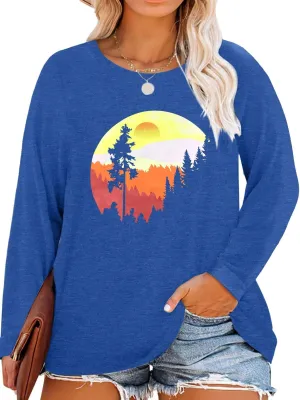 MK Shop Limited Womens Plus Size Tops Cute Graphic Vintage Sunrise Sunset Print Long Sleeve Natura Tees Fall O Neck Shirts