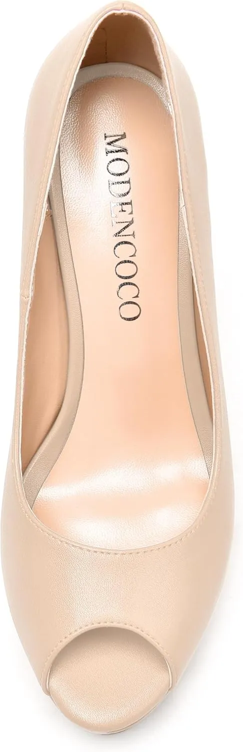 MODENCOCO Womens Fashion Platform Slip On Sexy Matte Evening Peep Toe Block High Heel Pumps Shoes 5 Inch