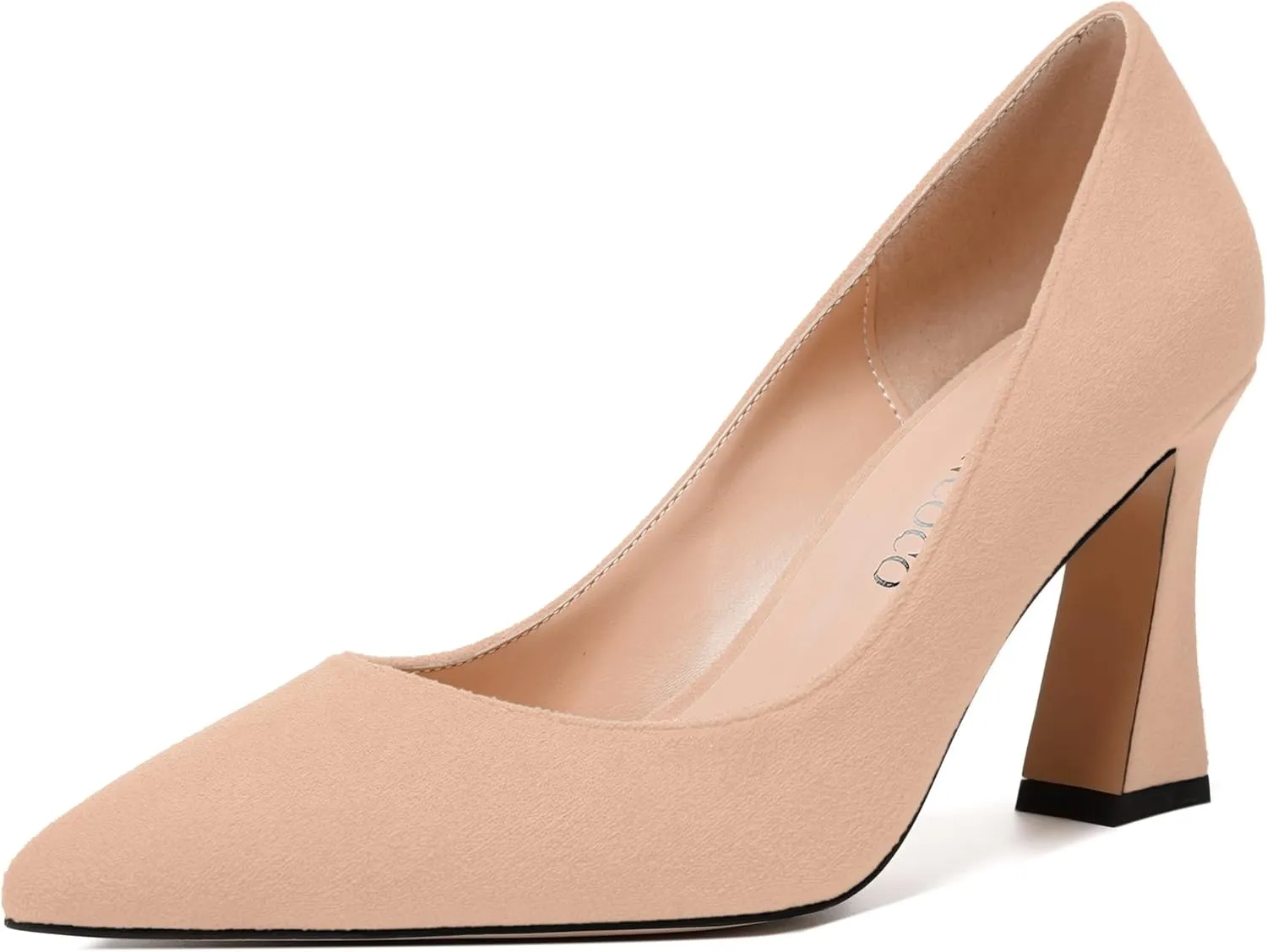 MODENCOCO Womens Slip On Solid Office Sexy Pointed Toe Fashion Suede Block High Heel Pumps Dress Shoes 3.5 Inch