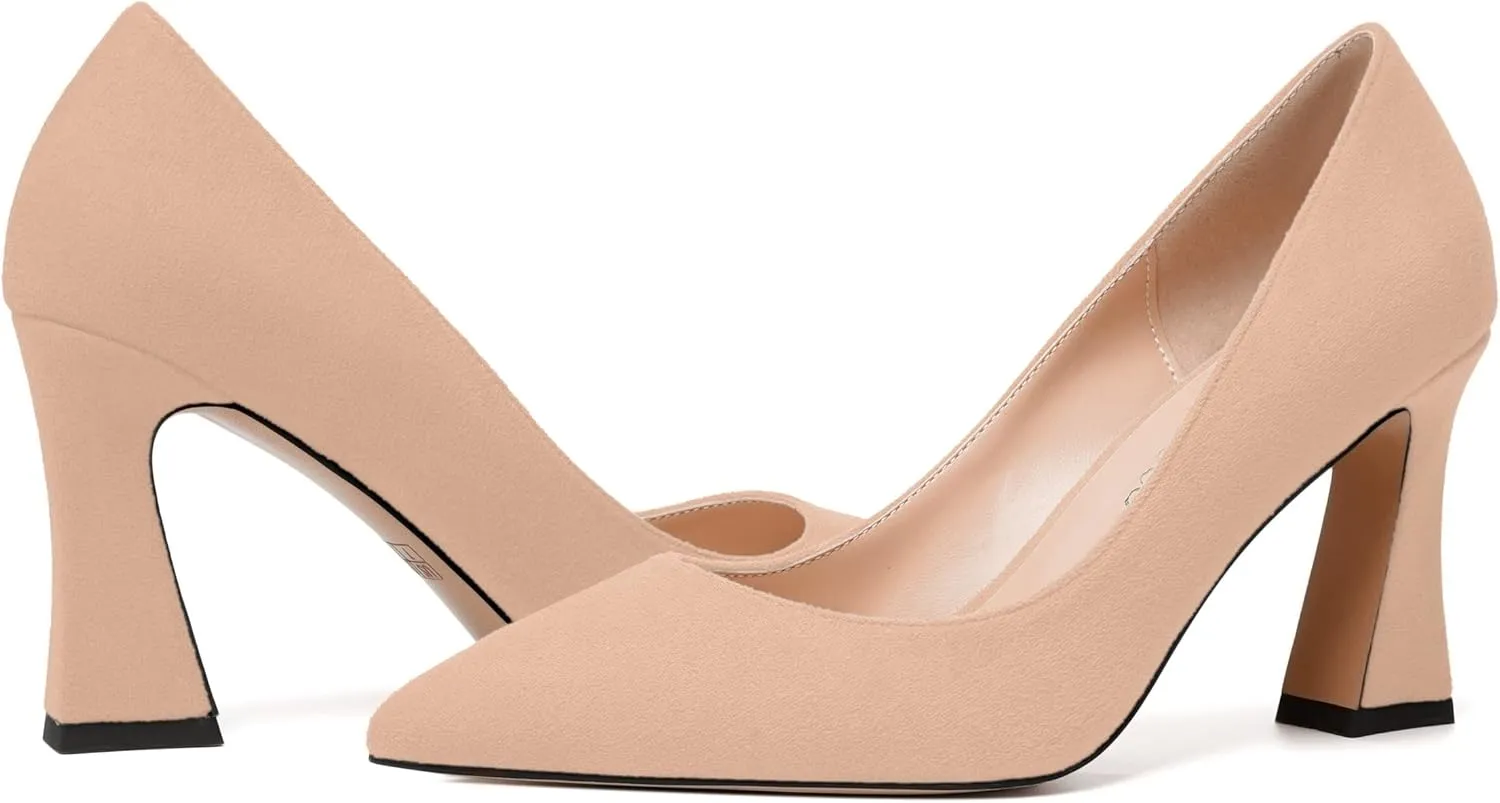 MODENCOCO Womens Slip On Solid Office Sexy Pointed Toe Fashion Suede Block High Heel Pumps Dress Shoes 3.5 Inch