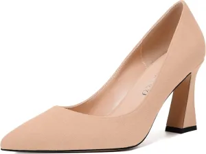 MODENCOCO Womens Slip On Solid Office Sexy Pointed Toe Fashion Suede Block High Heel Pumps Dress Shoes 3.5 Inch
