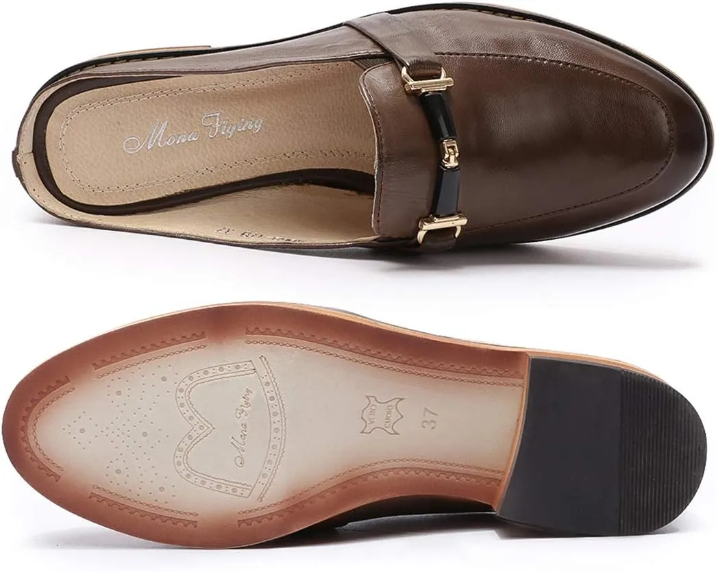 Mona flying Women Leather Mules Shoes Backless Slip On Loafer Low Heel Flats Summer Slide