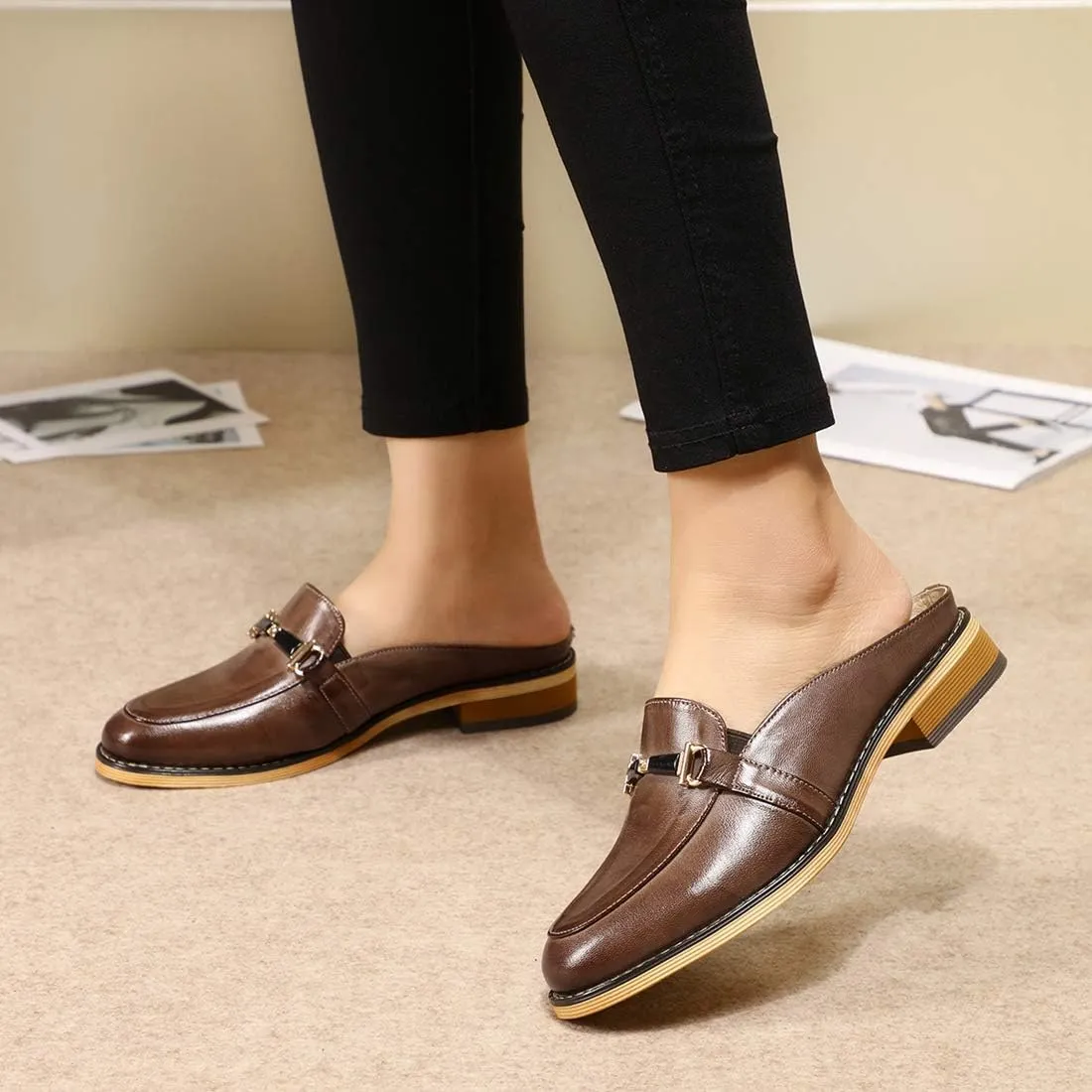 Mona flying Women Leather Mules Shoes Backless Slip On Loafer Low Heel Flats Summer Slide