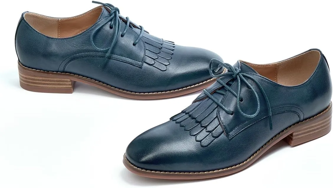 Mona flying Women's Tassel Oxfords Derby Comfortable Lace up Leather Flat Office Work Shoes for Ladies