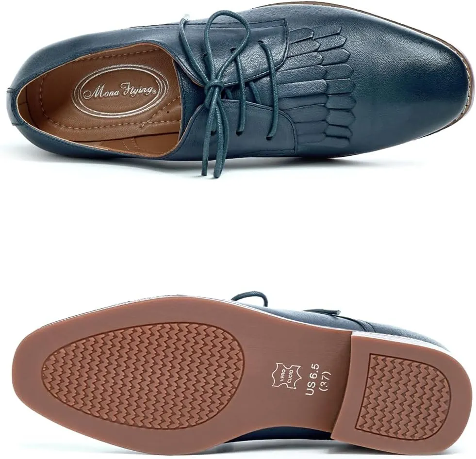 Mona flying Women's Tassel Oxfords Derby Comfortable Lace up Leather Flat Office Work Shoes for Ladies