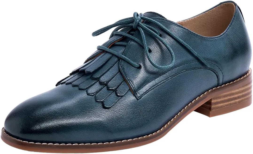 Mona flying Women's Tassel Oxfords Derby Comfortable Lace up Leather Flat Office Work Shoes for Ladies