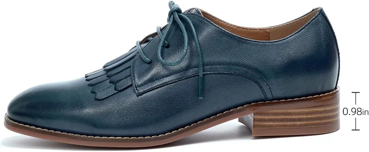 Mona flying Women's Tassel Oxfords Derby Comfortable Lace up Leather Flat Office Work Shoes for Ladies
