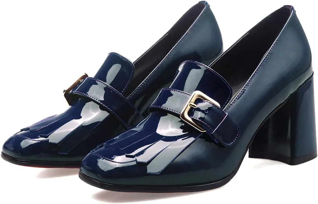 MOOMMO Women Chunky Block Heel Loafers Pumps Square Closed Toe Slip On Dress Shoes Patent Leather Oxford Loafer Shoes Fringe Buckle Tassel Wingtip Office Work Shoe Business Professional 4-11 M US