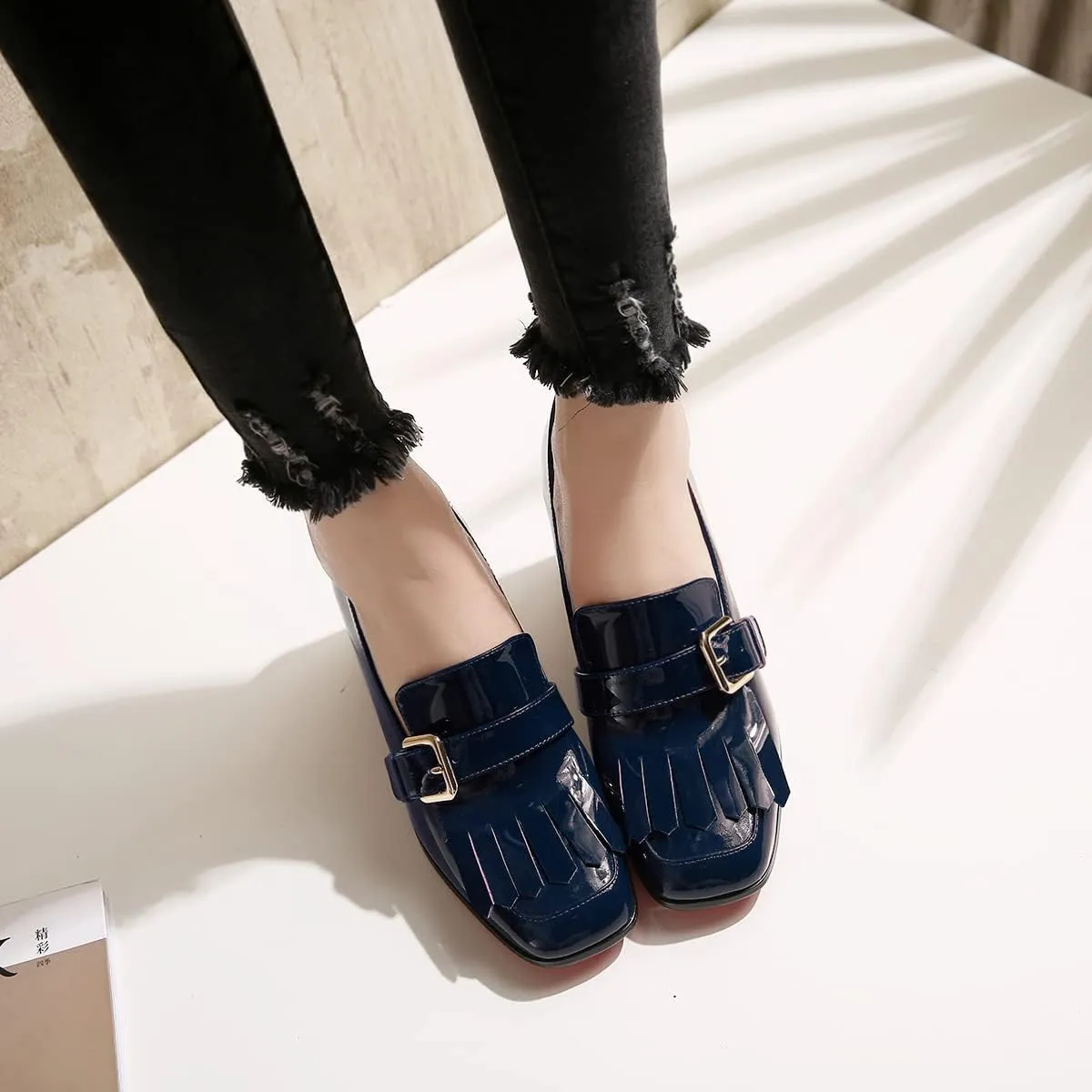 MOOMMO Women Chunky Block Heel Loafers Pumps Square Closed Toe Slip On Dress Shoes Patent Leather Oxford Loafer Shoes Fringe Buckle Tassel Wingtip Office Work Shoe Business Professional 4-11 M US